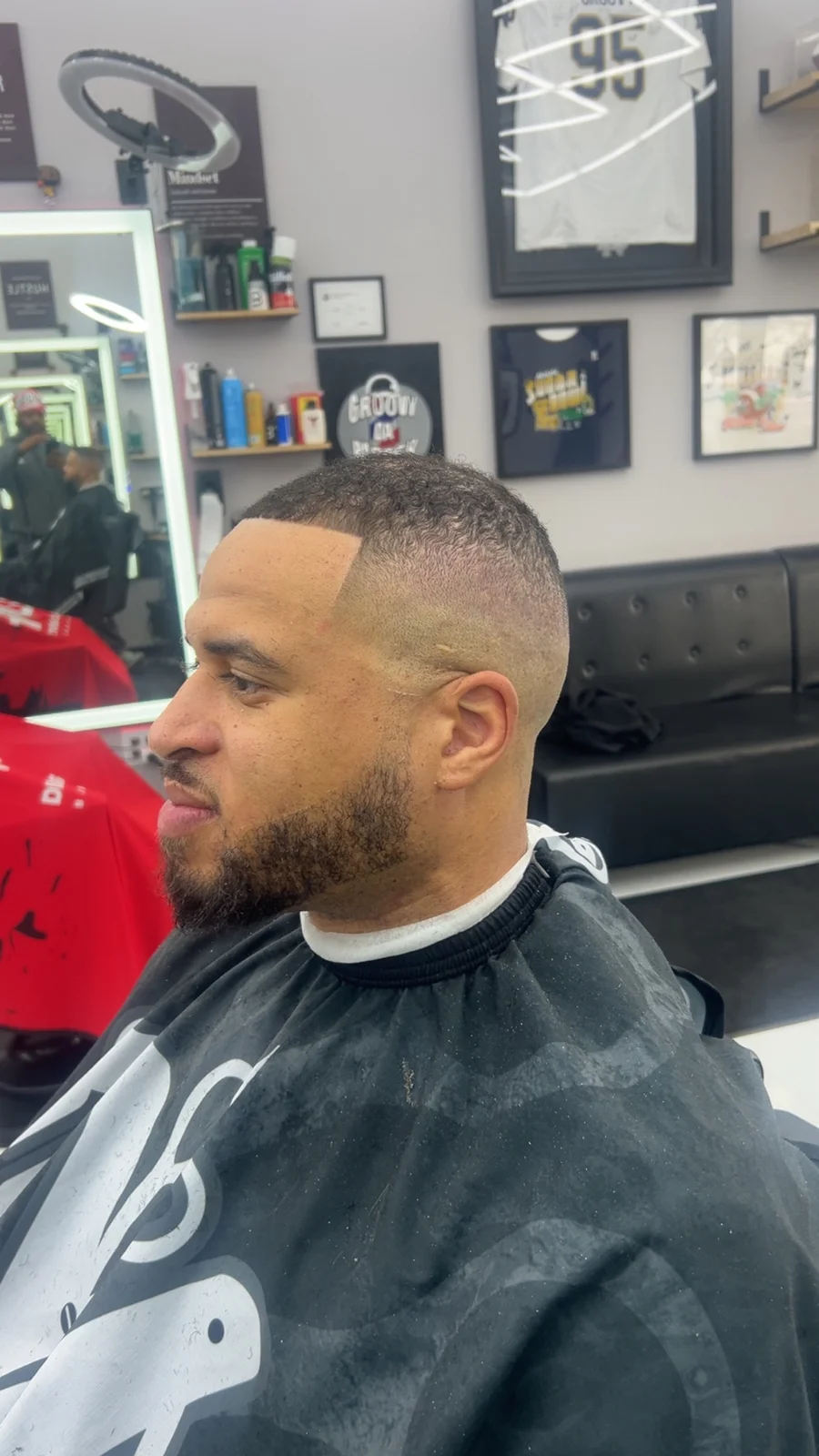 Uncropped side view of a close fade and shaped beard from Norie’s SQUIRE portfolio in Fort Wayne